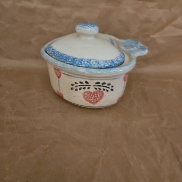 VintageTEAMSON 1996 Sponge Blue Pink Hearts Country Oven Stoneware Bowl Lid Knob - Picture 3 of 7